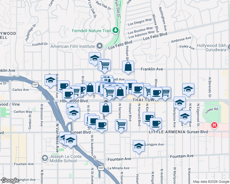 map of restaurants, bars, coffee shops, grocery stores, and more near 1733 North Serrano Avenue in Los Angeles