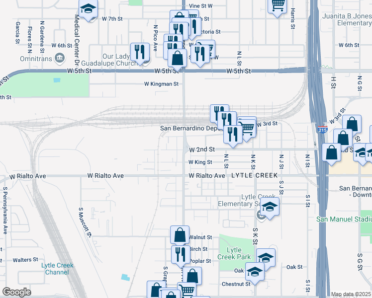 map of restaurants, bars, coffee shops, grocery stores, and more near N Mt Vernon Ave & W 2nd St in San Bernardino
