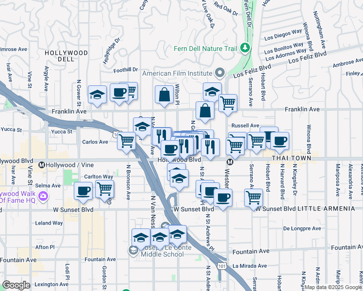 map of restaurants, bars, coffee shops, grocery stores, and more near 1719 North Wilton Place in Los Angeles
