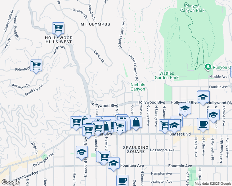 map of restaurants, bars, coffee shops, grocery stores, and more near 7902 Fareholm Drive in Los Angeles