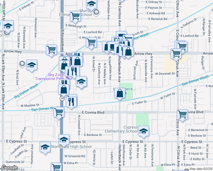 map of restaurants, bars, coffee shops, grocery stores, and more near 1272 North O Malley Avenue in Covina