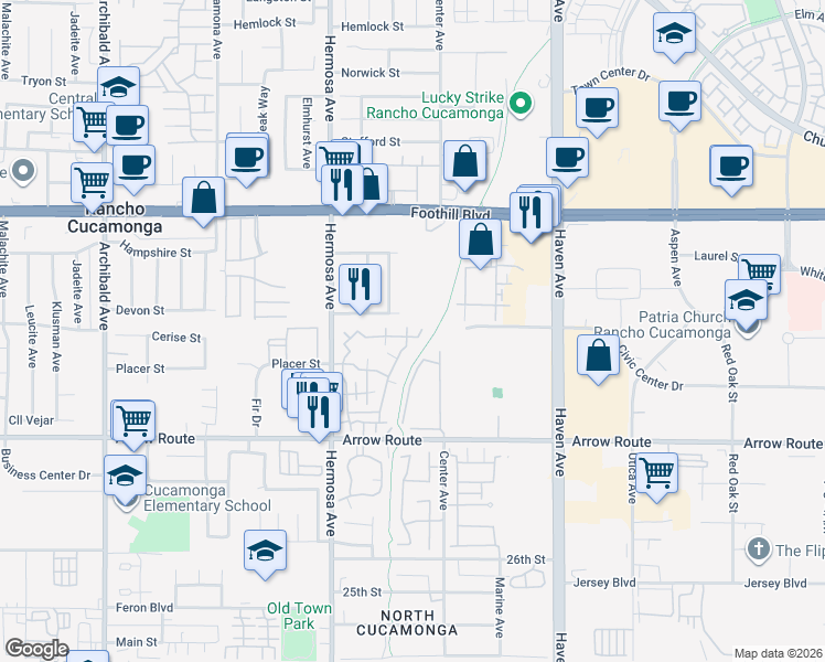 map of restaurants, bars, coffee shops, grocery stores, and more near 10246 Chaparral Way in Rancho Cucamonga
