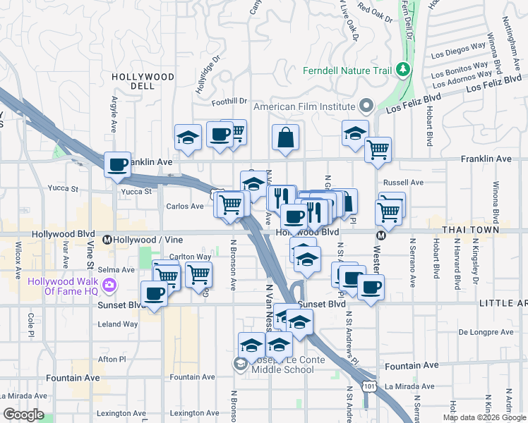 map of restaurants, bars, coffee shops, grocery stores, and more near 1722 North Van Ness Avenue in Los Angeles