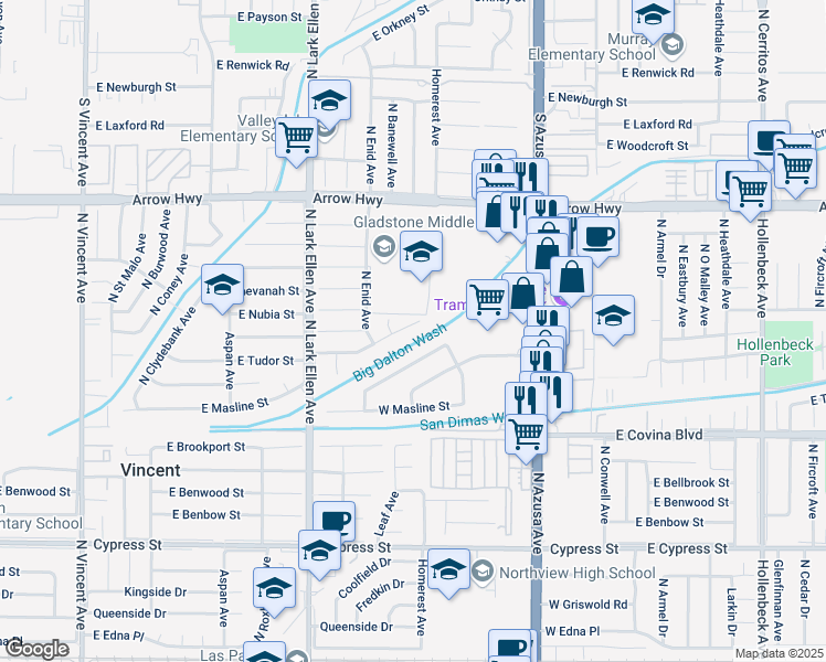 map of restaurants, bars, coffee shops, grocery stores, and more near 17146 East Tudor Street in Covina