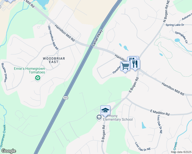 map of restaurants, bars, coffee shops, grocery stores, and more near 2466 Thrasher Road in Buford