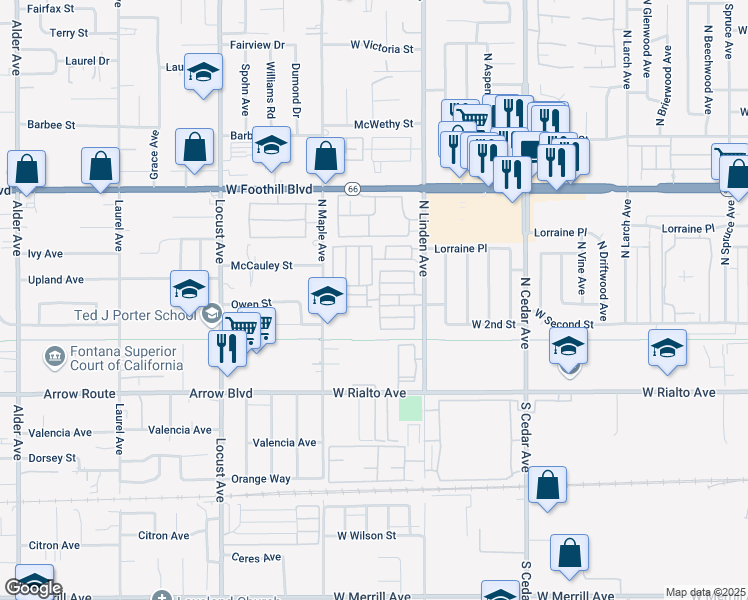 map of restaurants, bars, coffee shops, grocery stores, and more near 250 Linden Avenue in Rialto