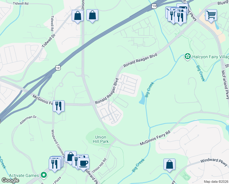 map of restaurants, bars, coffee shops, grocery stores, and more near 7505 Scarlet Drive in Alpharetta