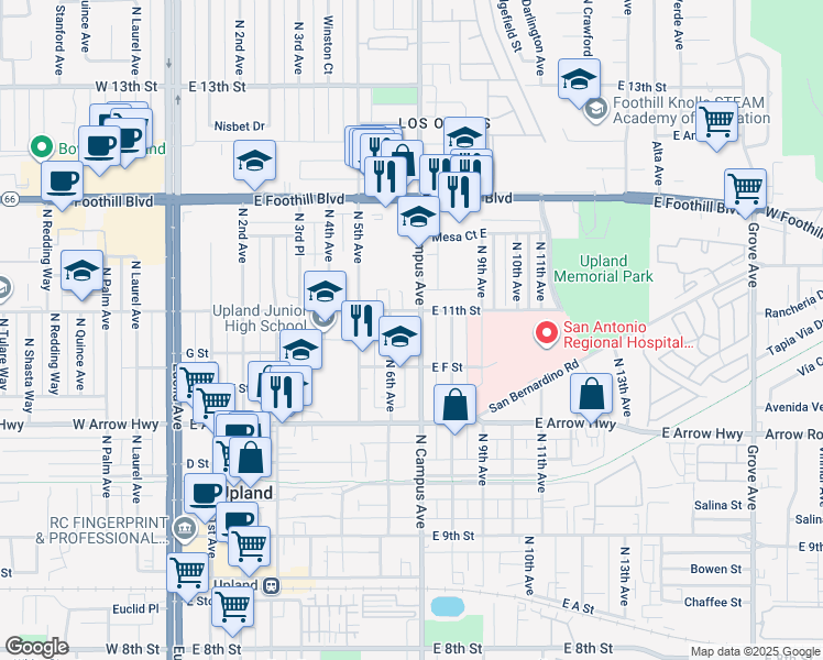 map of restaurants, bars, coffee shops, grocery stores, and more near 655 G Street in Upland