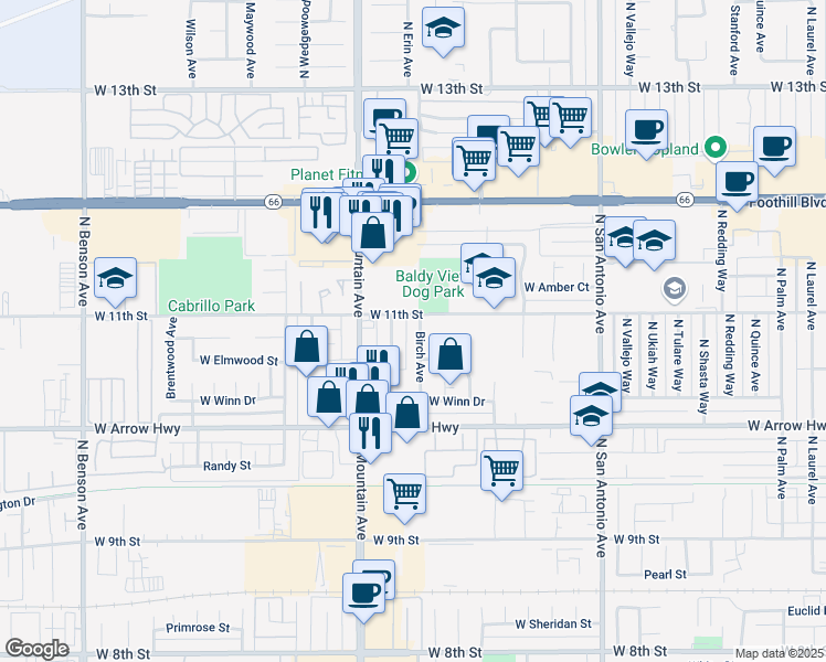 map of restaurants, bars, coffee shops, grocery stores, and more near 759 Birch Avenue in Upland