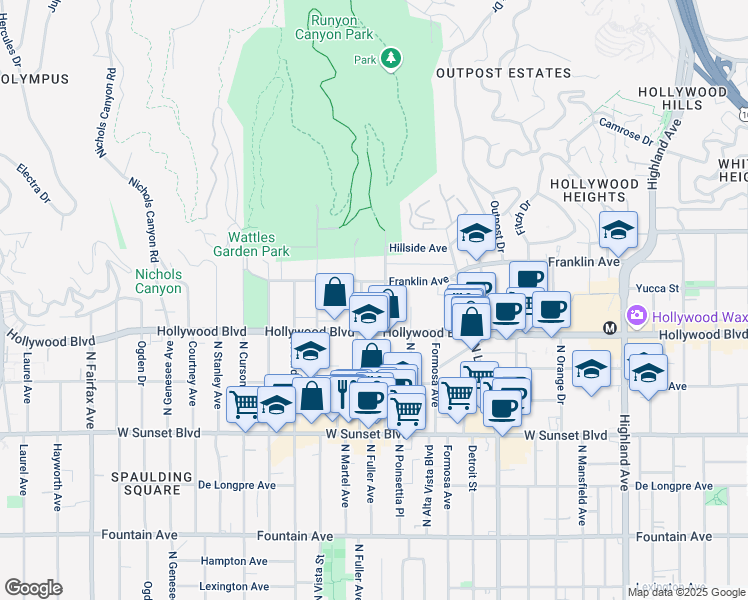map of restaurants, bars, coffee shops, grocery stores, and more near 7300 Franklin Avenue in Los Angeles