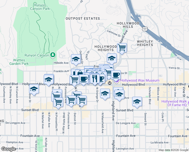 map of restaurants, bars, coffee shops, grocery stores, and more near 7021 Hollywood Boulevard in Los Angeles