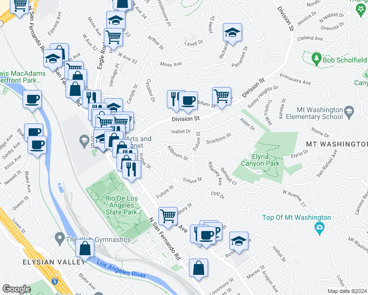map of restaurants, bars, coffee shops, grocery stores, and more near 1832 Burnell Drive in Los Angeles