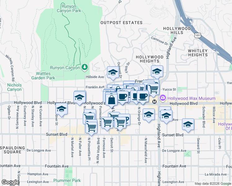 map of restaurants, bars, coffee shops, grocery stores, and more near 1731 North Sycamore Avenue in Los Angeles