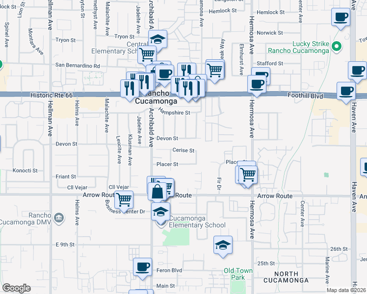 map of restaurants, bars, coffee shops, grocery stores, and more near 9803 Cerise Street in Rancho Cucamonga