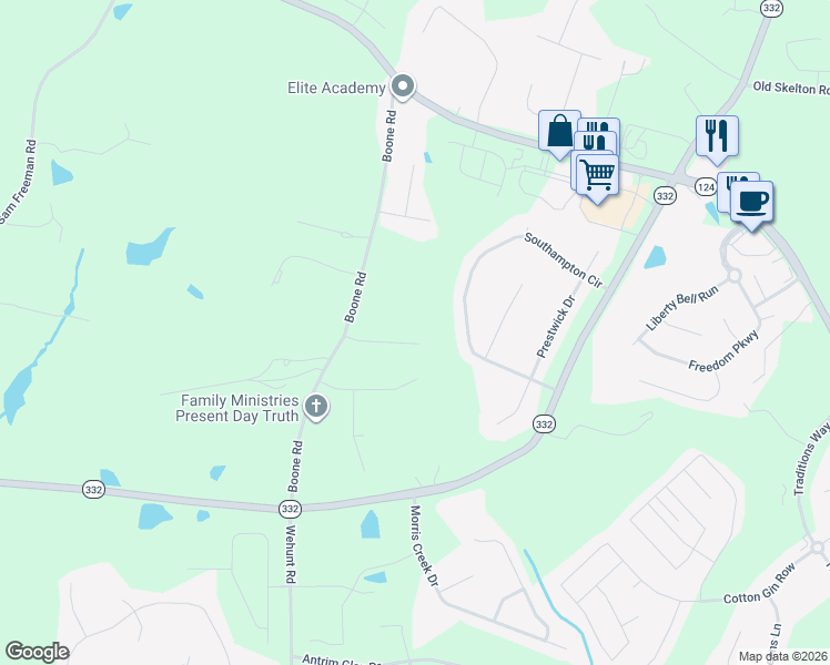 map of restaurants, bars, coffee shops, grocery stores, and more near 169 Dumar Lane in Hoschton