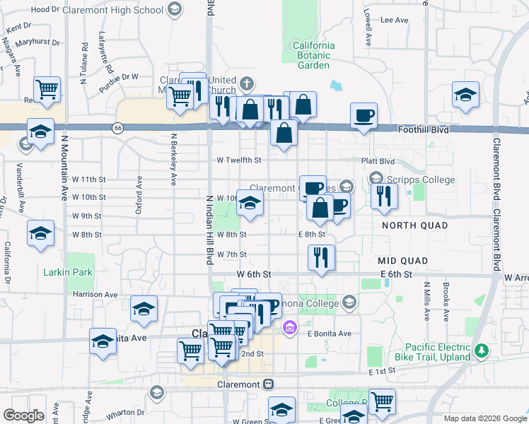map of restaurants, bars, coffee shops, grocery stores, and more near 905 Harvard Avenue North in Claremont