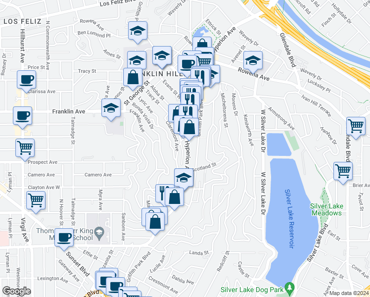 map of restaurants, bars, coffee shops, grocery stores, and more near 2409 Hyperion Avenue in Los Angeles