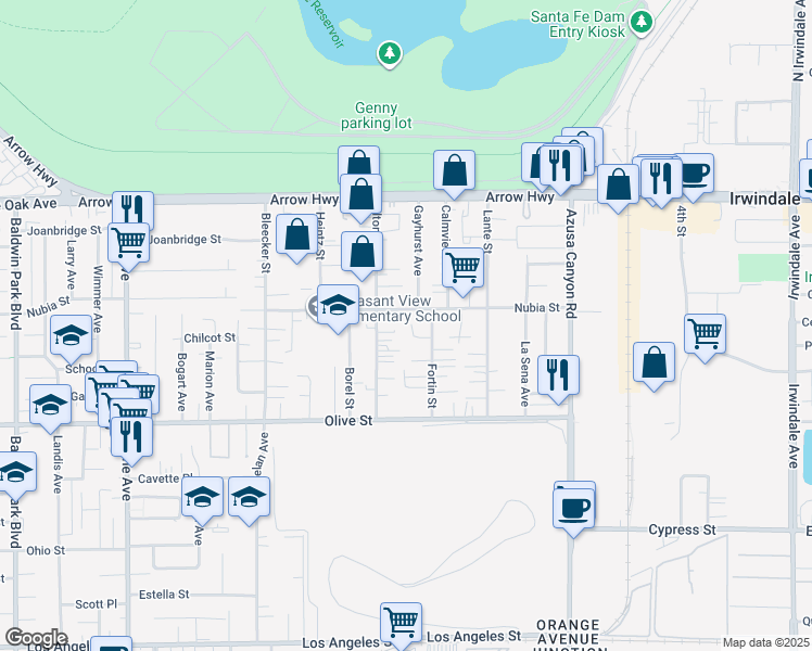map of restaurants, bars, coffee shops, grocery stores, and more near 15241 De Pedro Court in Baldwin Park