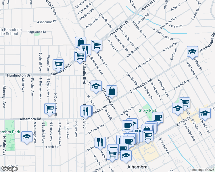 map of restaurants, bars, coffee shops, grocery stores, and more near 721 North Stoneman Avenue in Alhambra
