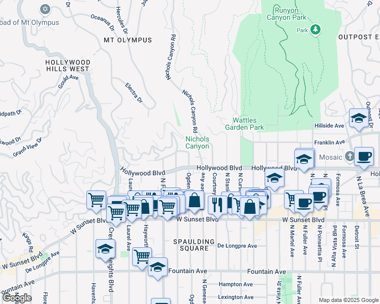 map of restaurants, bars, coffee shops, grocery stores, and more near 1734 North Ogden Drive in Los Angeles