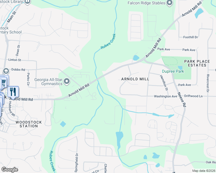 map of restaurants, bars, coffee shops, grocery stores, and more near 268 Arnold Mill Road in Woodstock