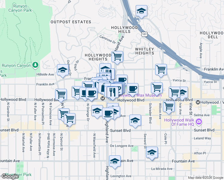 map of restaurants, bars, coffee shops, grocery stores, and more near 1724 Highland Avenue in Los Angeles