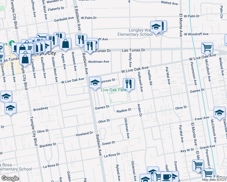 map of restaurants, bars, coffee shops, grocery stores, and more near 10144 Bogue Street in Temple City