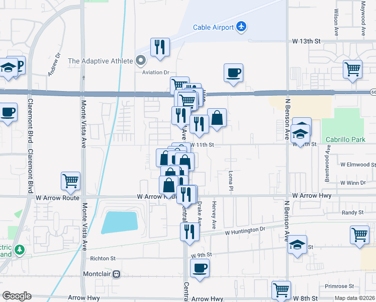 map of restaurants, bars, coffee shops, grocery stores, and more near in Upland