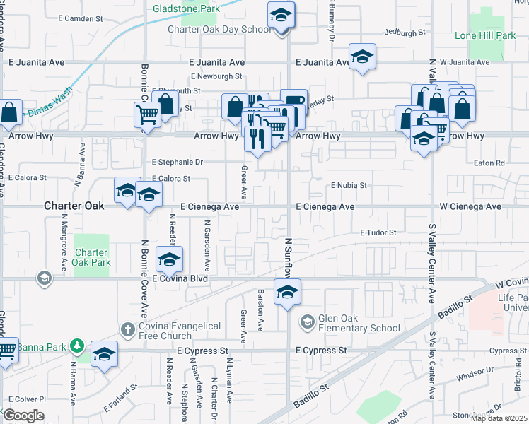 map of restaurants, bars, coffee shops, grocery stores, and more near 2028 East Cienega Avenue in Covina