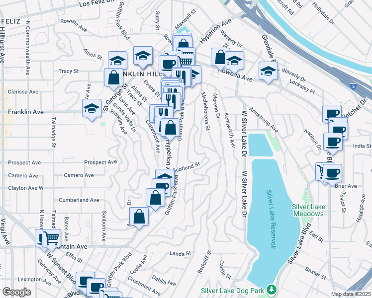 map of restaurants, bars, coffee shops, grocery stores, and more near 2401 Meadow Valley Terrace in Los Angeles