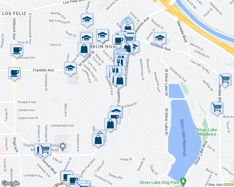 map of restaurants, bars, coffee shops, grocery stores, and more near 2409 Hyperion Avenue in Los Angeles