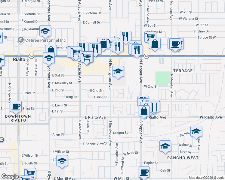 map of restaurants, bars, coffee shops, grocery stores, and more near 206 North Eucalyptus Avenue in Rialto