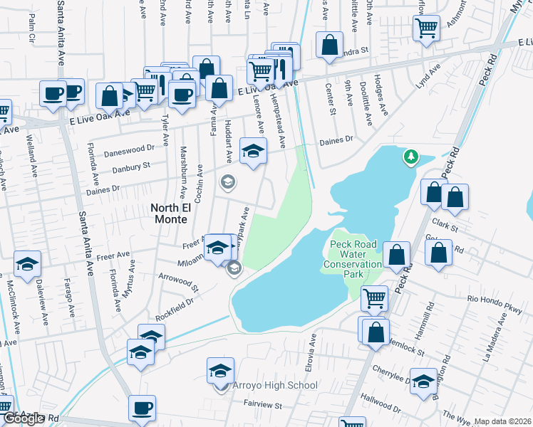 map of restaurants, bars, coffee shops, grocery stores, and more near 11542 Wildflower Road in Arcadia