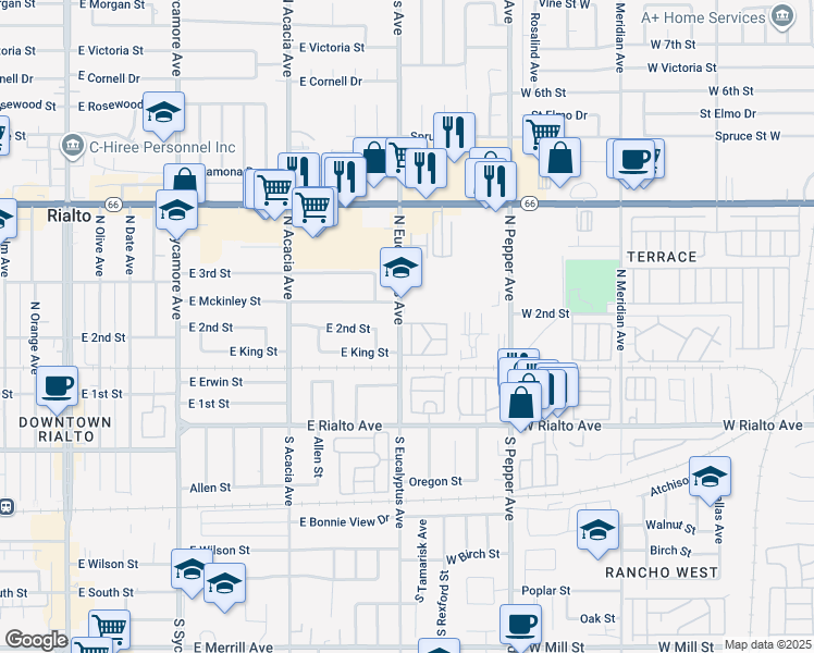 map of restaurants, bars, coffee shops, grocery stores, and more near 185 North Eucalyptus Avenue in Rialto