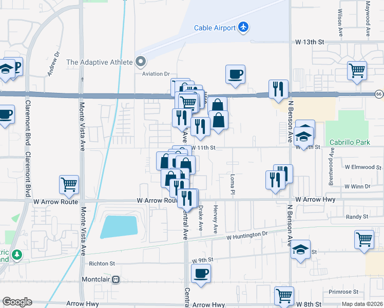 map of restaurants, bars, coffee shops, grocery stores, and more near 762 Chandler Walk in Upland