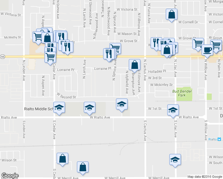 map of restaurants, bars, coffee shops, grocery stores, and more near 214 North Spruce Avenue in Rialto