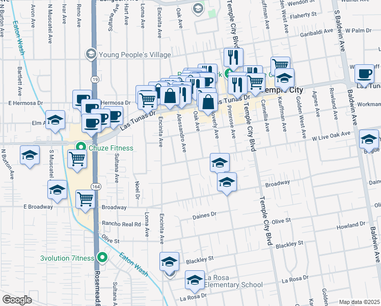 map of restaurants, bars, coffee shops, grocery stores, and more near 5716 Alessandro Avenue in Temple City