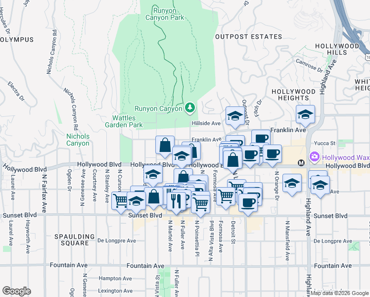 map of restaurants, bars, coffee shops, grocery stores, and more near 1730 Camino Palmero Street in Los Angeles