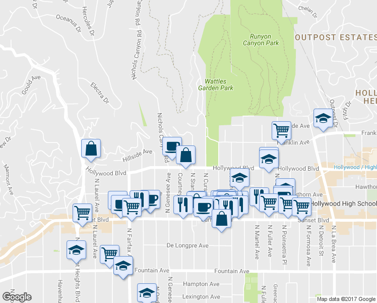 map of restaurants, bars, coffee shops, grocery stores, and more near 1737 North Stanley Avenue in Los Angeles