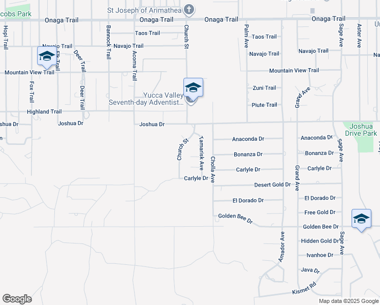 map of restaurants, bars, coffee shops, grocery stores, and more near 56320 Bonanza Drive in Yucca Valley