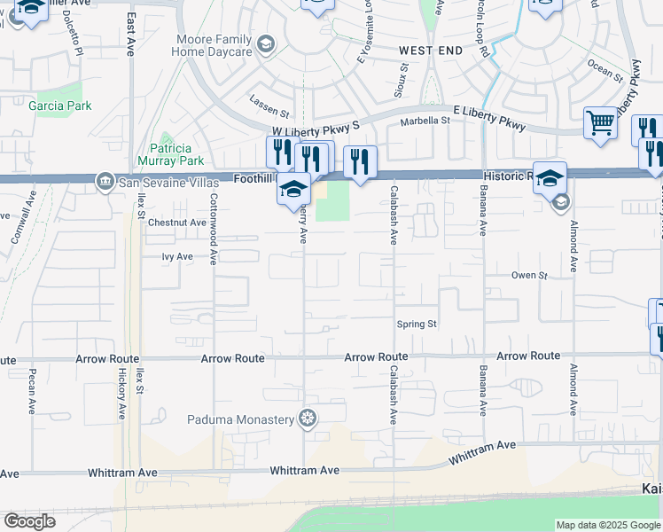 map of restaurants, bars, coffee shops, grocery stores, and more near 8329 Regal Court in Fontana