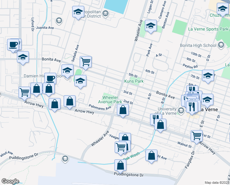 map of restaurants, bars, coffee shops, grocery stores, and more near 1468 3rd Street in La Verne