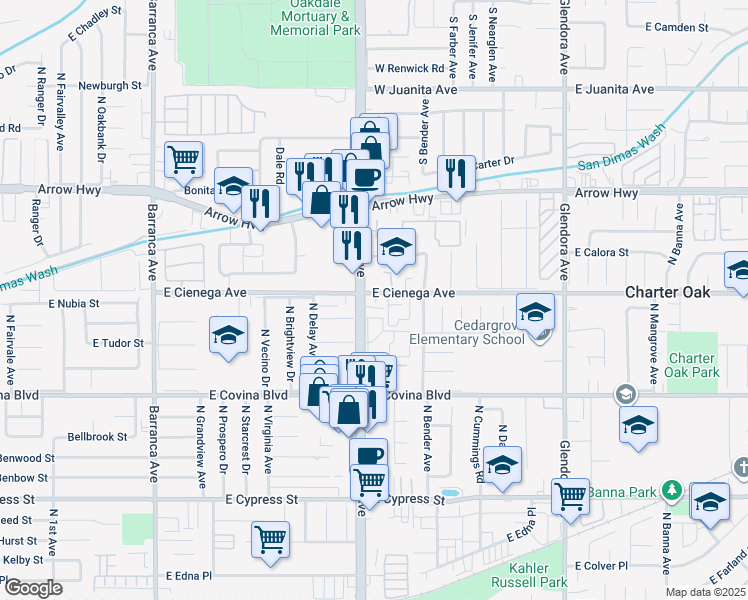 map of restaurants, bars, coffee shops, grocery stores, and more near 19526 East Cienega Avenue in Covina