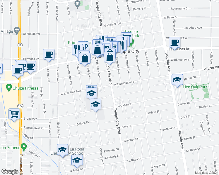 map of restaurants, bars, coffee shops, grocery stores, and more near in Temple City