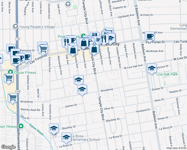 map of restaurants, bars, coffee shops, grocery stores, and more near in Temple City