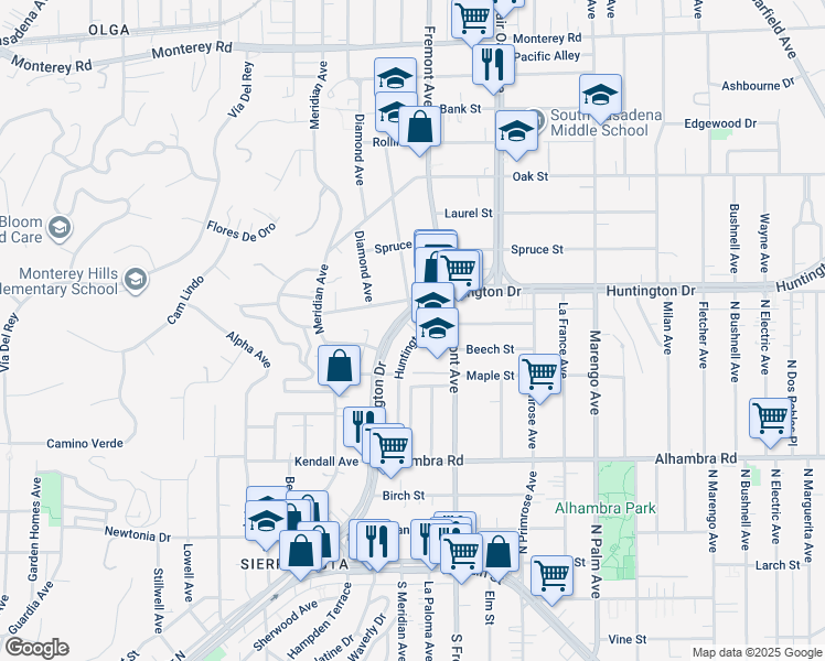 map of restaurants, bars, coffee shops, grocery stores, and more near 1245 Huntington Drive in South Pasadena