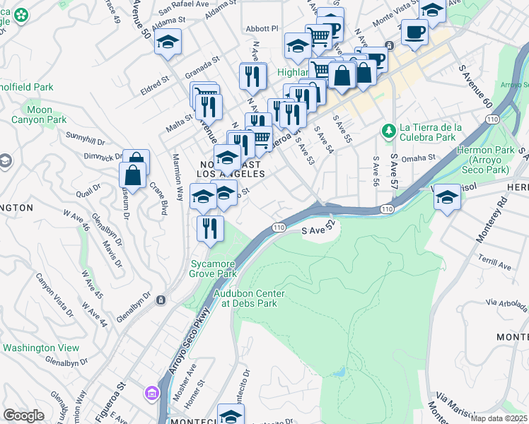 map of restaurants, bars, coffee shops, grocery stores, and more near 260 South Avenue 50 in Los Angeles