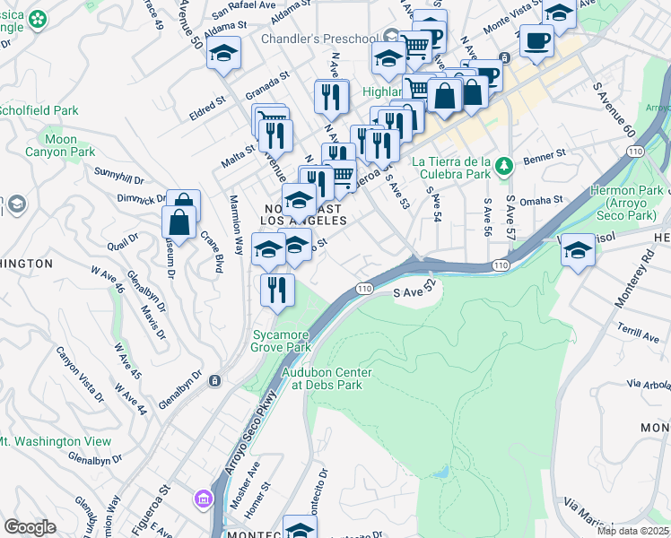 map of restaurants, bars, coffee shops, grocery stores, and more near 260 South Avenue 50 in Los Angeles