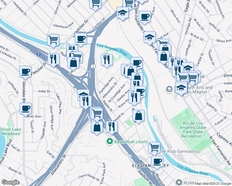 map of restaurants, bars, coffee shops, grocery stores, and more near 2856 North Coolidge Avenue in Los Angeles
