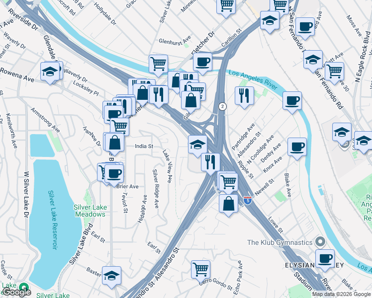 map of restaurants, bars, coffee shops, grocery stores, and more near 2639 1/2 North Riverside Terrace in Los Angeles